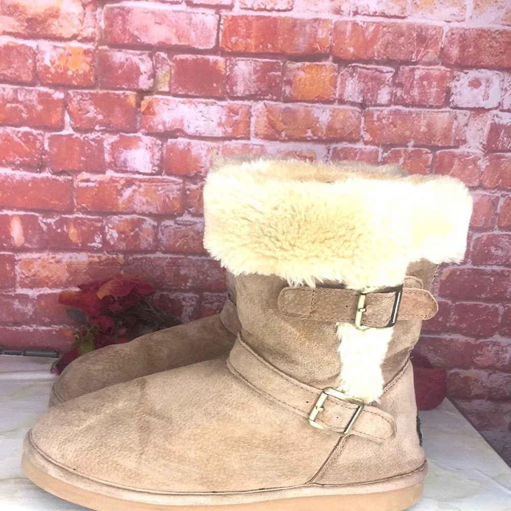 Lamo Tan Suede Water Resistant Shearling Double Buckle Boots